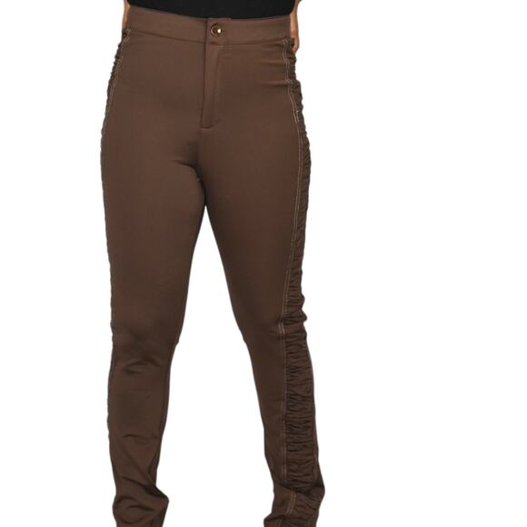 Maniere de Voir Pants Brown Ruched Side Ankle Zip Straight High Waist Straight 4 - Picture 8 of 16